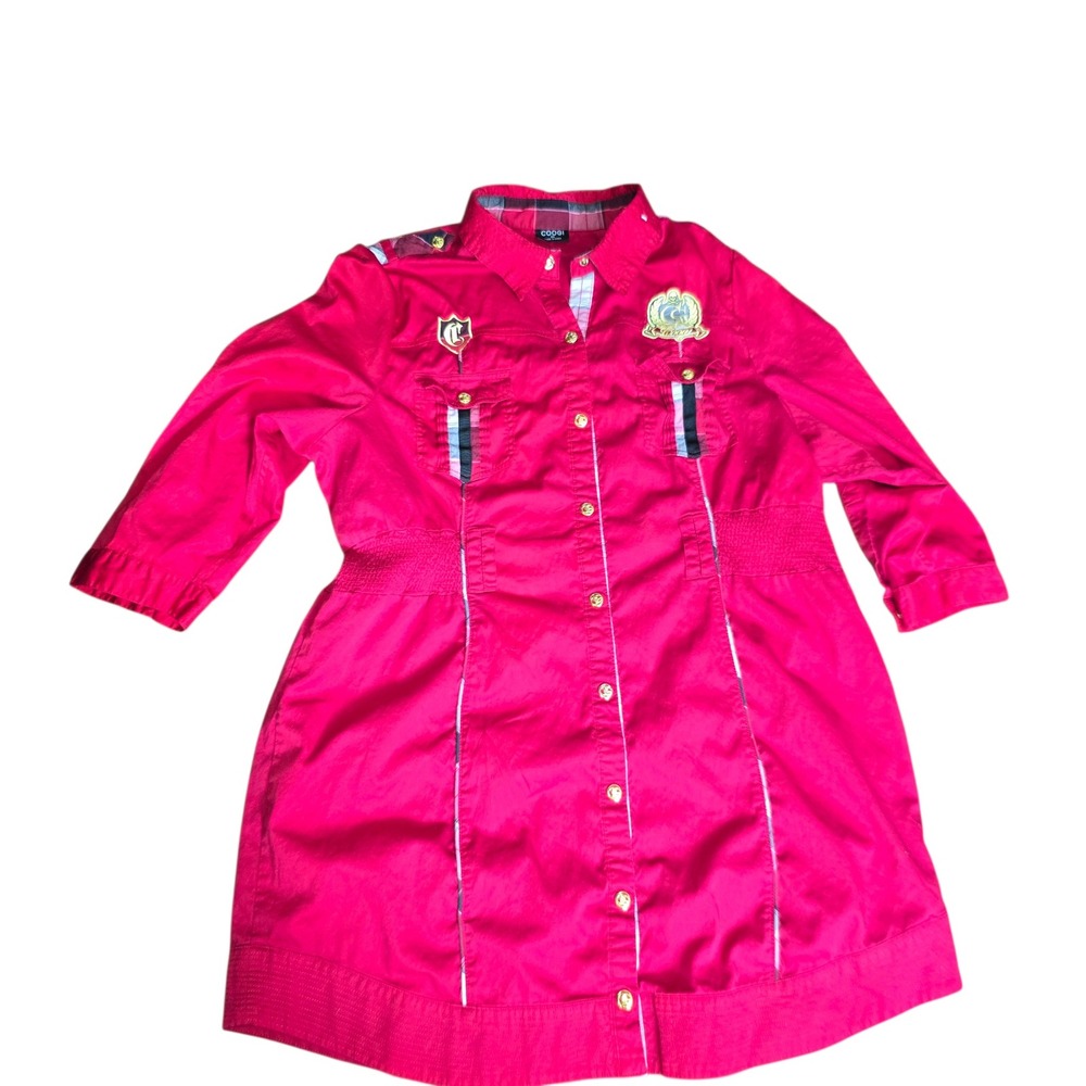 Coogi Womens Red Plaid Trim Button Down Shirt Dress Embroidered Crest Size 2X